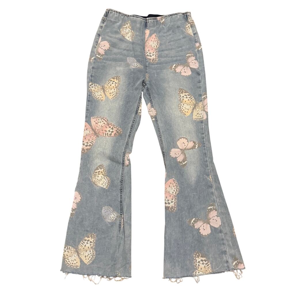 No Boundaries Butterfly Print Flare Jeans Sz Medium 7-9 Light Wash Y2K Festival